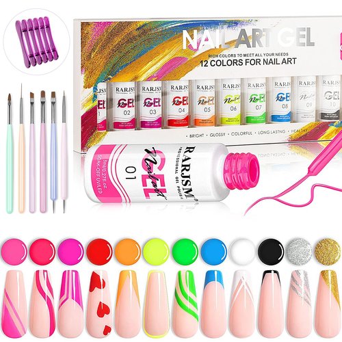 RARJSM Nail Art Gel Liner 12 Color Painted Gel Nail Polish Set and 6pcs Nail Brushes Set with Pen Holder Dotting Painting Design Tools