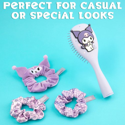 Hello Kitty Sanrio Hair Brush & Scrunchies Set for Girls, Teens, Women, Kuromi, Cinnamoroll Cute Stuff, Detangler Brush, Kawaii Gifts for Her (Kuromi Brush & Scrunchies)