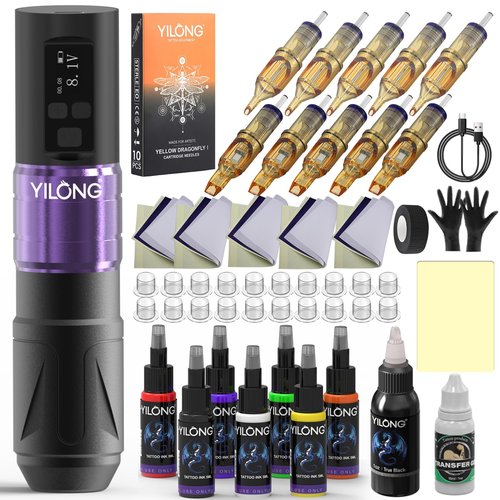 YILONG Tattoo Gun Kit - Tattoo Machine with 1500 mAh Capacity Power Supply, Tattoo Pen Kits for Beginners, Tattoo Supplies 10Pcs Cartridge Needles, 5Pcs Transfer Papers and 3mm Practice Skin