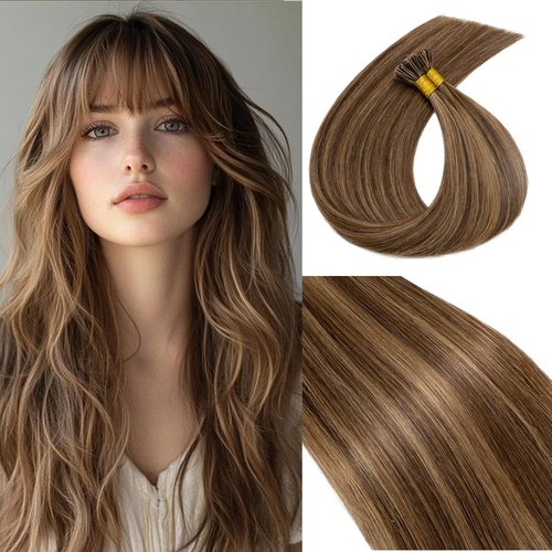 Rich Choices I Tip Hair Extensions Human Hair,100 Strands 0.5g/Strands,100% Real Remy Human Hair Extension Pre Bonded Keratin Stick In 16 Inch #4P27 Medium Brown Highlight Dark Blonde