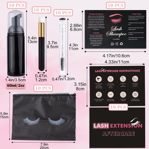 60pcs Lash Extension Cleaning Kit for Clients,10pcs Lash Brushes,10pcs Eyelash Cleaning Brush with Tubes,10pcs Lash Bottles,10pcs Eyelash Bags,10pcs Lash Shampoo Stickers,10pcs instruction card(Black)