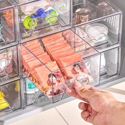 KOKOIN Stackable Makeup Organizer Storage Drawers Set of 4, Clear Plastic Organizer Bins for Beauty Supplies,Ideal for Vanity, Bathroom,Cabinet,Pantry Organization (4 Short)