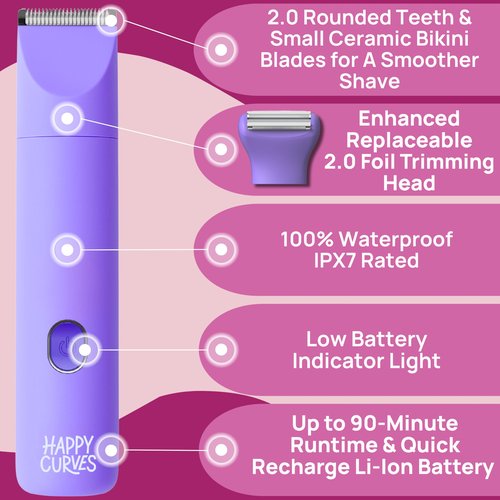 HAPPY CURVES Smoothie 2.0 Bikini Trimmer - Electric Razor for Women, Waterproof Hair Groomer with Adjustable Guards, Personal Shaver for Pubic Hair, Ladies Intimate Shaver and Body Trimmer (Berry)