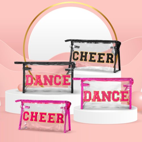 Y1tvei CHEER Clear Makeup Bag - Preppy Rose Red Cheer Chenille Patch Cosmetic Pouch Extra Large PVC Transparent Toiletry Carry Bag Portable Waterproof Travel Organizer Cheer Gift for Cheerleader