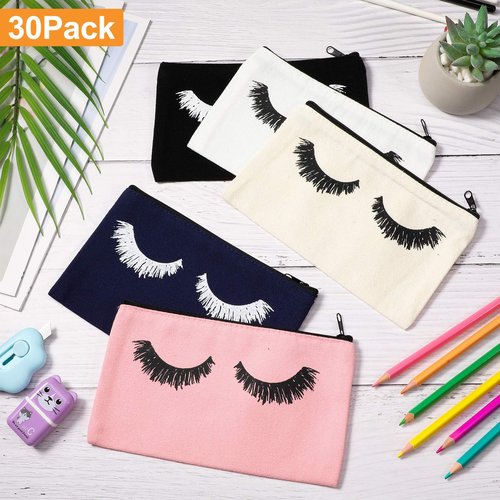 Weewooday 30 Pieces Eyelash Makeup Bags Canvas Makeup Bags Eyelash Cosmetic Bags Travel Make up Pouches with Zipper for Women, 5 Colors (7.1 x 4.3 Inch)