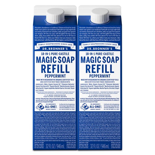Dr. Bronner's Magic Soap-Pure-Castile Liquid Refill (Peppermint, 32 ounce, 2-Pack) - Regenerative Organic Certified Oils, For Body, Hair, Laundry, Pets & Dishes, Concentrated, Vegan, Non-GMO