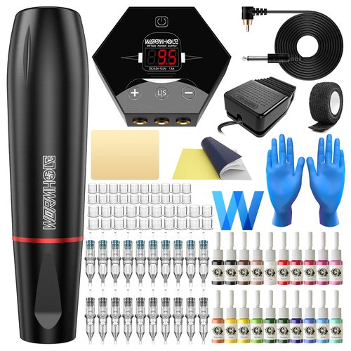 Wormhole Tattoo Machine Kit Rotary with Power Supply 20 Cartridge Needles 20 Tattoo Ink 40 Tattoo Ink Caps Complete Tattoo Practice Pen Kit for Beginners and Tattooists WTK105