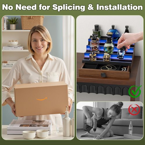 TIRYIUOU Perfume Cologne Organizer for Men: with LED Light 4 Tier Wooden Perfumes Stand, Desktop Parfum Holder Wood Display Shelf with Cabinet, Bedroom Makeup Lotion Jewelry Storage Rack with Drawer