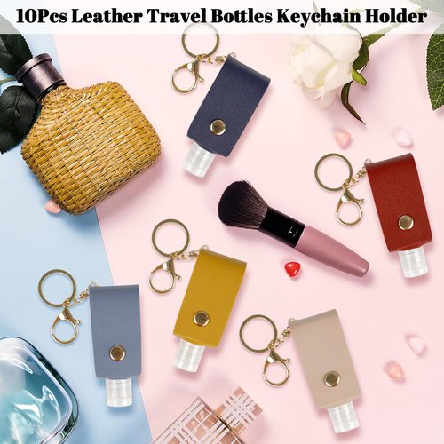 LIOUCBD 10PCS Hand Sanitizer Holders, 30ML Leather Keychain Holder Bottles Cases, Travel Size Empty Squeeze Bottle for Toiletry Shampoo Lotion Soap