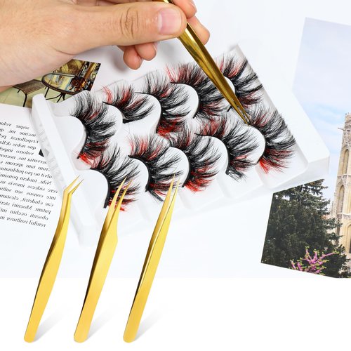 3 PCS Lash Tweezers for Eyelash Extensions, High Precision Gold Metal Tweezers Set Fiber Tip and Curved Isolation Tweezers Eyelash Extension Tools for Women Volume Lash, Crafting, Jewelry Making