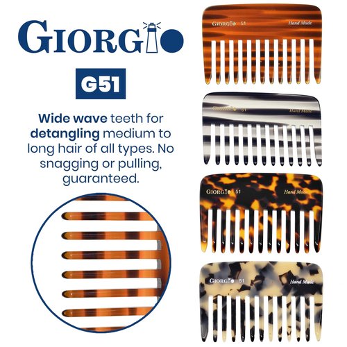 Giorgio G51 TY Small Travel Purse Hair Detangling Comb, Wide Tooth Pocket Comb for Thick Curly Wavy Hair. Great for Wet and Dry Everyday Care, Handmade of Cellulose, Saw-Cut Hand Polished