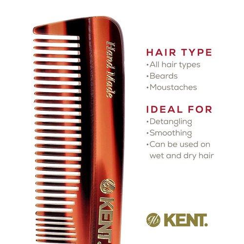 Kent R7T Fine and Wide Tooth Hair Comb, Pocket Comb for Men, Best Beard and Mustache Comb for Everyday Grooming and Styling, Handmade Sawcut and Polished, Made in England (6 Pack)