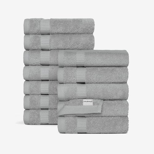 SALBAKOS 100% Turkish Cotton Washcloth Set of 12 13x13 inch | Heirloom Quality | Hotel & Spa Collection | Ultra Soft, Super Absorbent, Wash Cloth Towels | Made in Turkey (Silver 12 Pcs Washcloth)