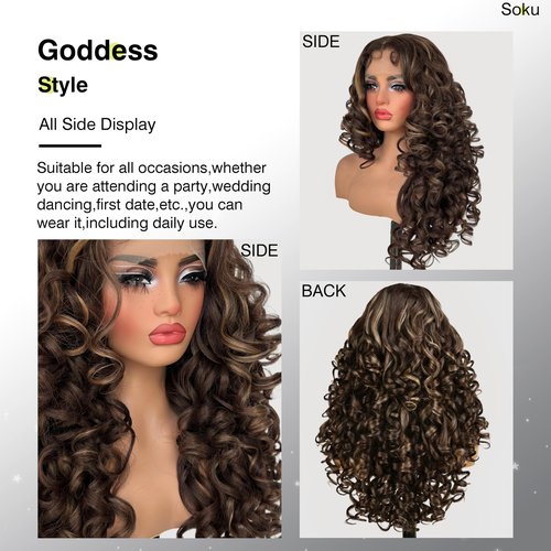 SOKU Long Curly Lace Front Wig for Black Women Highlight 13x4x1 Synthetic Lace Front Wigs Glueless Pre-Plucked Hairline with Baby Hair 22 Inch Heat Resistant (Highlight Brown)