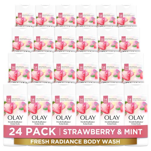 Olay Body Wash for Women, Fresh Radiance, Refreshing & Renewing, Made with Plant Based Cleansers, B3 Botanical Complex, For All Skin Types, Strawberry & Mint Scent, 3.0 fl oz (Pack of 24)