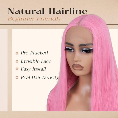 BLL Pink Wig Synthetic Lace Front Wig Pre Plucked Straight Glueless Wigs 30 Inch T-Part Lace Cosplay Wigs For Women (Pink, 30 Inch)