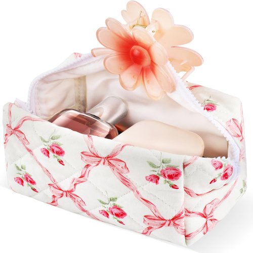 URSKYTOUS Quilted Makeup Bag Floral Large Cute Cosmetic Bag Cotton Puffy Makeup Organizer Coquette Travel Makeup Pouch Aesthetic Portable Zipper Toiletry Storage Bag for Women Girls (Pink Bow)