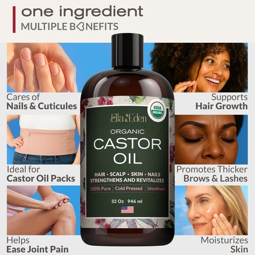 Ella & Eden Organic Castor Oil – Cold-Pressed Hexane-Free Unrefined - For Hair Growth, Skin and Face - USDA Certified & 100% Pure - 32 fl oz