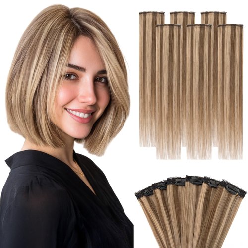 Hairro 6PCS 6 Clips In Short Hair Extensions Remy Real Human Hair Clip Ins Mini Clip On Hairpin Hairpieces For Women 36g 14 Inch #4P27 Medium Brown&Dark Blonde