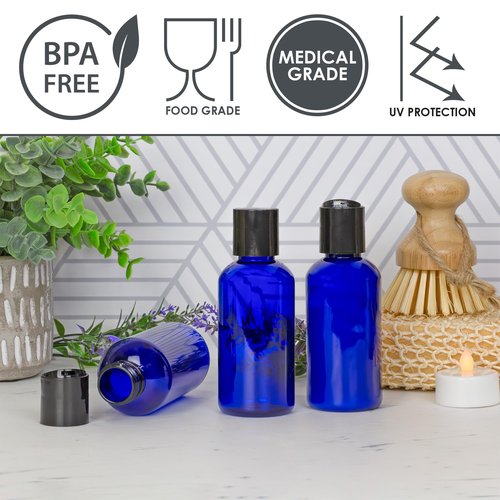 Cornucopia Brands 4oz Empty Cobalt Blue Plastic Squeeze Bottles with Disc Top Flip Cap (Pack of 6) BPA-Free Containers For Shampoo, Lotions, Liquid Body Soap, Creams
