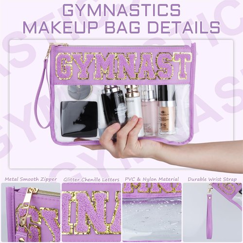 BuyCard 2 Pcs Gymnastics Gifts Cosmetic Makeup Bag with Chenille Letter Patch, Clear Pouch PVC Organizer Purse, Waterproof Travel Bag, Portable Toiletry Storage Bag for Her Girls Friends Women
