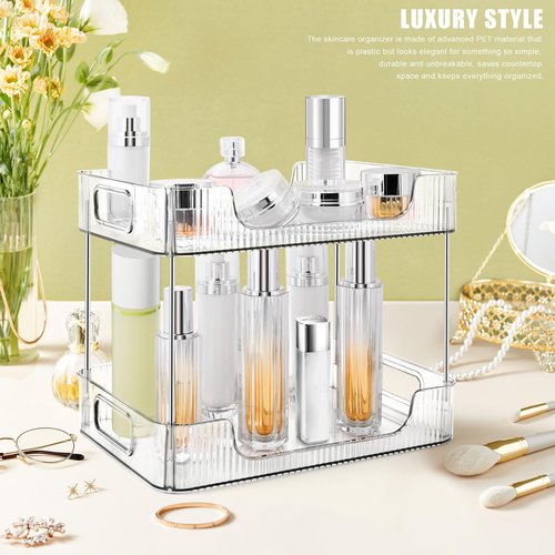 TENDER EPOCH 2-Tier Bathroom Counter Organizer Countertop Storage, Dresser Organizer Vanity Tray for Makeup, Perfume Organizer Cosmetics Skincare Shelf- Clear