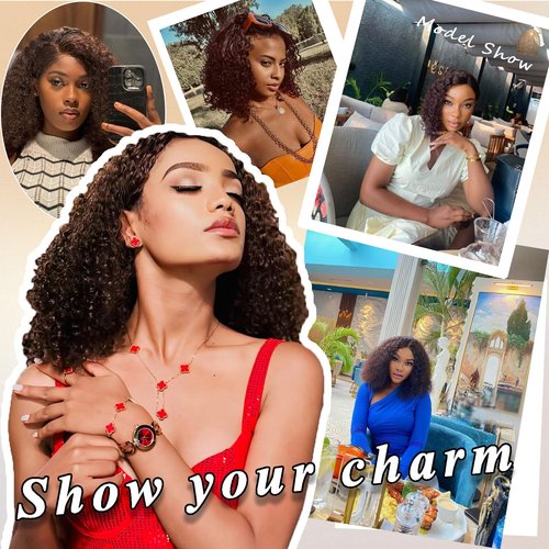 Bob Wig Human Hair Glueless Wigs Human Hair Pre Plucked Pre Cut 4# Brown Human Hair Wear and Go Glueless Wig Water Wave Lace Front Wigs for Black Women 14Inch