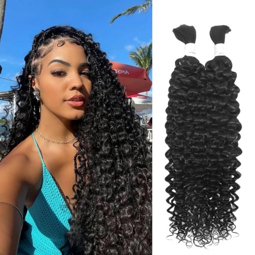 Human Braiding Hair for Boho Braids 18inch 100% human hair Water Wave Bulk Braiding Knotless No Weft Curly Bundles Human Hair Wet and Wavy Micro Hair Extensions Bulk 2 Bundles 100g hair Natural Color