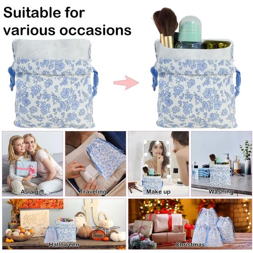 LYDZTION 4pcs Floral Drawstring Makeup Bags Pouches For Purse, Small Canvas Cloth Gift Bags Pouch For Cosmetics Jewerlry Home Travel Storage,Blue