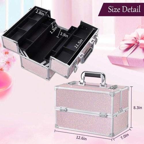 Joligrace Professional Makeup Train Case, Pink Rhinestone Pattern, Aluminum Frame, 12.5x8.2x7 Inch, 4 Adjustable Trays, Lockable, Travel Organizer