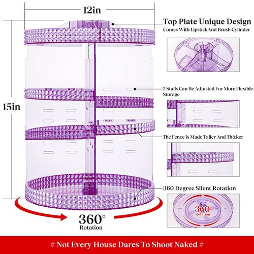 Makeup Organizer 360 Degree Rotating Cosmetic Storage Organizer, Acrylic Make Up Organizer, Large 7 Layers 360 Makeup Organizer, Fits Makeup Brushes, Lipsticks, Bathroom, Vanity, X-Large Purple
