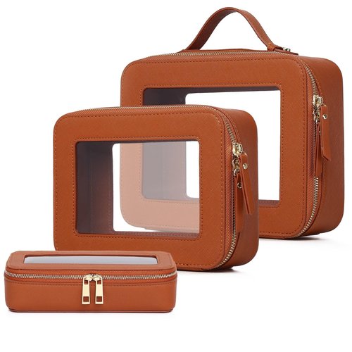 Pinkmik Clear Makeup Bag with Brush Bag 3pcs Waterproof Travel Case for Cosmetics and Toiletries Women's Makeup Organizer with Zipper (X/Brown, L+M+SLIM)