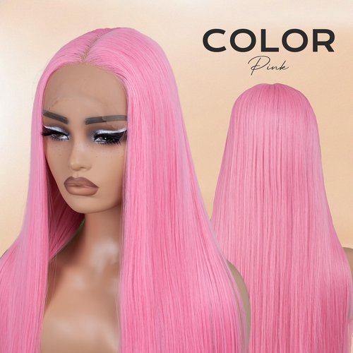 BLL Pink Wig Synthetic Lace Front Wig Pre Plucked Straight Glueless Wigs 30 Inch T-Part Lace Cosplay Wigs For Women (Pink, 30 Inch)