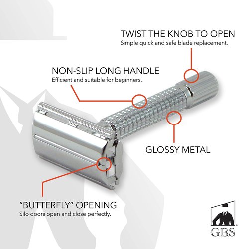 G.B.S Men's Wet Shaving Holiday Kit, Classy Butterfly Non-slip Knurled DE Safety Razor with Case, Omega Cream, Blades, Shaving Brush and Razor Stand