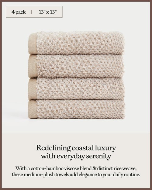 Cozy Earth Nantucket 60% Cotton 40% Viscose from Bamboo Washcloth - 600 GSM Plush & Fast-Drying with Rice Weave Pattern - 4 Pack 20" x 20" Luxury Washcloth - Sand