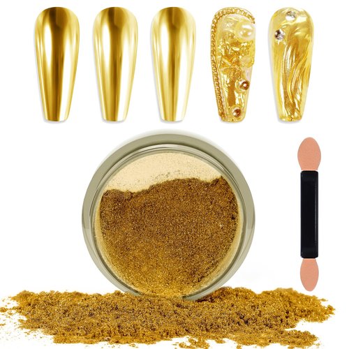 Laza Chrome Nail Powder Mirror Effect Metallic Dust Holographic Glitter Glazed Manicure Decoration Reflective Pigment for DIY Gel Polish Nail Art, Resin Craft, Gifts - Bright Gold