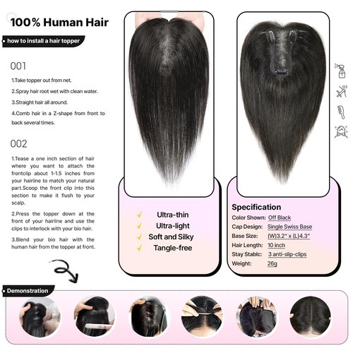 SHEIRIS Natural Black Human Hair Toppers for Women, for Women with Thinning Hair Swiss Base, No Bangs, 10 Inch (#1B)