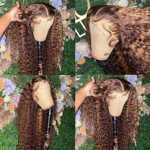 Highlight Wig 16 Inch P4/27 Deep Wave Human Hair Wig Blonde 200% Density Lace Front Wigs 4x4 Lace Closure Wigs Glueless with Baby Hair Human Hair Pre Plucked For Black Women