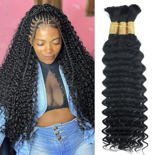 Boho Braids Human Hair for Braiding 110g 22 Inch 12A Deep Water Wave Bulk Human Braiding Hair for Boho Braids Knotless Wet and Wavy Virgin Extensions Bohemian No Weft Curly 3 Bundles Natural Black