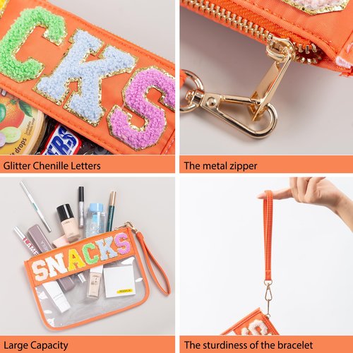 HANAMO Chenille Letter Clear Bag Monogram Clear Stadium Purse Bag Chenille Letter Travel Patch Pouch Snack Makeup Multi-purpose Transparent Waterproof Snacks Makeup Tote Bag with Wrist Strap