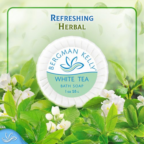 BERGMAN KELLY Round Soap Bars, 2in1 Shampoo & Conditioner 2-Piece Set (White Tea, 1 oz each, 100 pc), Delight Your Guests with Revitalizing & Refreshing Sanitary Toiletries & Hotel Amenities