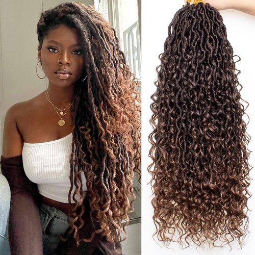 RuiYok 30 Inch Goddess Locs Crochet Hair 8 Packs Ombre Crochet Goddess locs Boho Hippie Locs Hair Faux Locs Crochet Hair with Curly Ends Pre-looped River Locs Crochet Hair for Black Women(T30#)