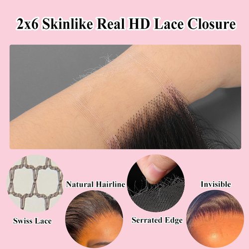 2x6 Skinlike Real HD Lace Closure Straight Human Hair Closure Invisible Ultra-thin 2x6 Kim K Lace Closure Brazilian Virgin Human Hair Pre Plucked Natural Black 14 Inch