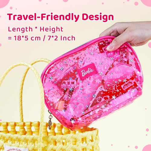 MINISO Barbie Collection Translucent Cosmetic Bag Makeup Bag Zipper Cute Pouches Chic Rose Red Beauty Organizer Travel Toiletry for Girls Women
