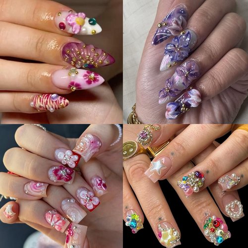 ROFIBUT Nail Charms, Multi Shape Nail Rhinestones Kit 3D Multi Shape Nail Gems Colorful Butterfly Flowers Nail Crystals Flat Back Nail Pearls for Nail Art Supplies DIY Accessories 6 Boxes
