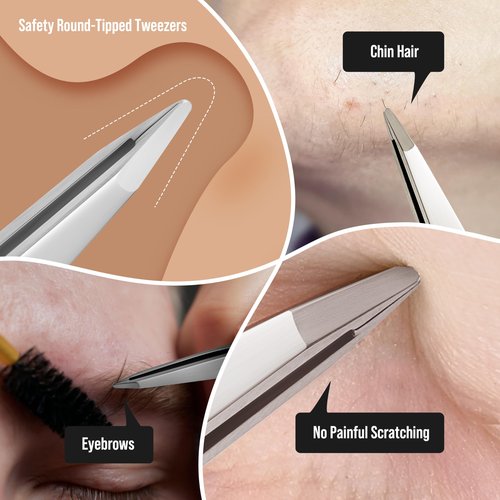 DUROX Round-Tip Tweezers — Gentle Chin & Facial Hair Removal for Women. Precision tweezers with small rounded/blunt tips for safe brow shaping and chin hair removal. Made of Stainless Steel