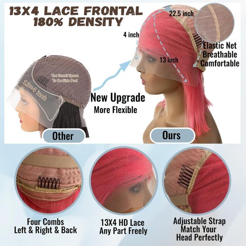 Pink Bob Lace Front Wigs Human Hair Pre Plucked 13x4 Straight Pink Bob Wigs 8Inch Glueless HD Lace Front Wig Human Hair 180% Density Pink Bob Wig for Black Women （10in）
