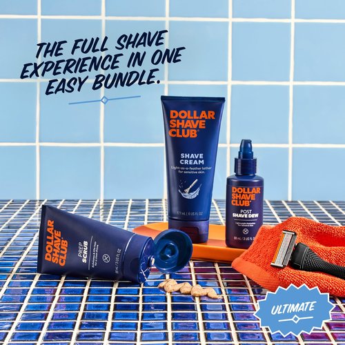 Dollar Shave Club | Ultimate Shave Set | 4 Extra Close Refill Cartridges, 1 Handle, 1 Prep Scrub 3 ounce, 1 Shave Cream 6 ounce, 1 Post Shave Dew 3.4 ounce