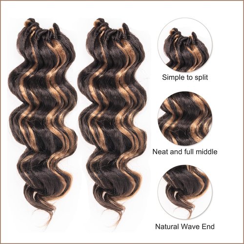 Toyotress Ocean Wave Crochet Hair - 16 Inch 8 Packs Blonde Highlight Ocean Wave Braiding Hair, Beach Curl Deep Twist Synthetic (16 Inch, P4/27-8P)