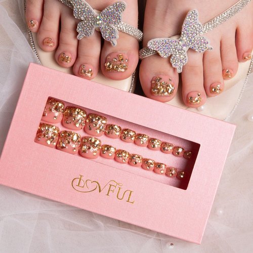 LOVFUL Press on Toenails Golden Glitter | 20 PCS Free Size Toe Nails | Reusable Fake Nails for Toe | T84